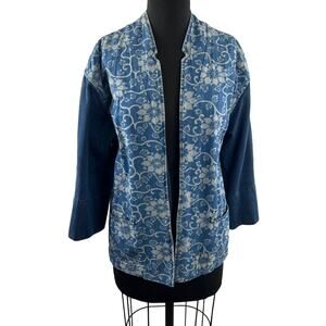 MiH Jeans Blue Floral Denim Jacket Kimono-Style Wide 3/4 Sleeves Open Front XS